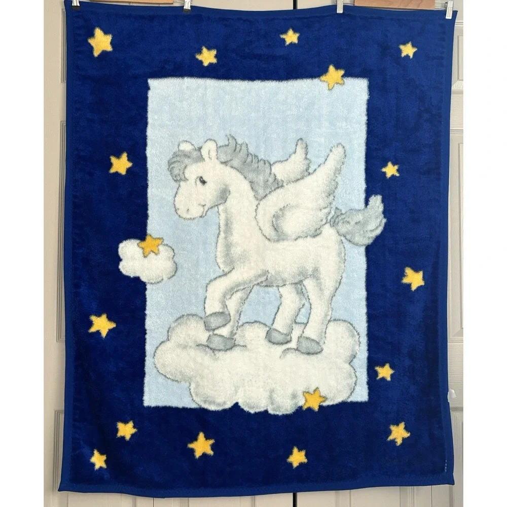 Vintage Baby Mink Blanket Pegasus Deep Royal Blue Stars Clouds Dreams‎ 43